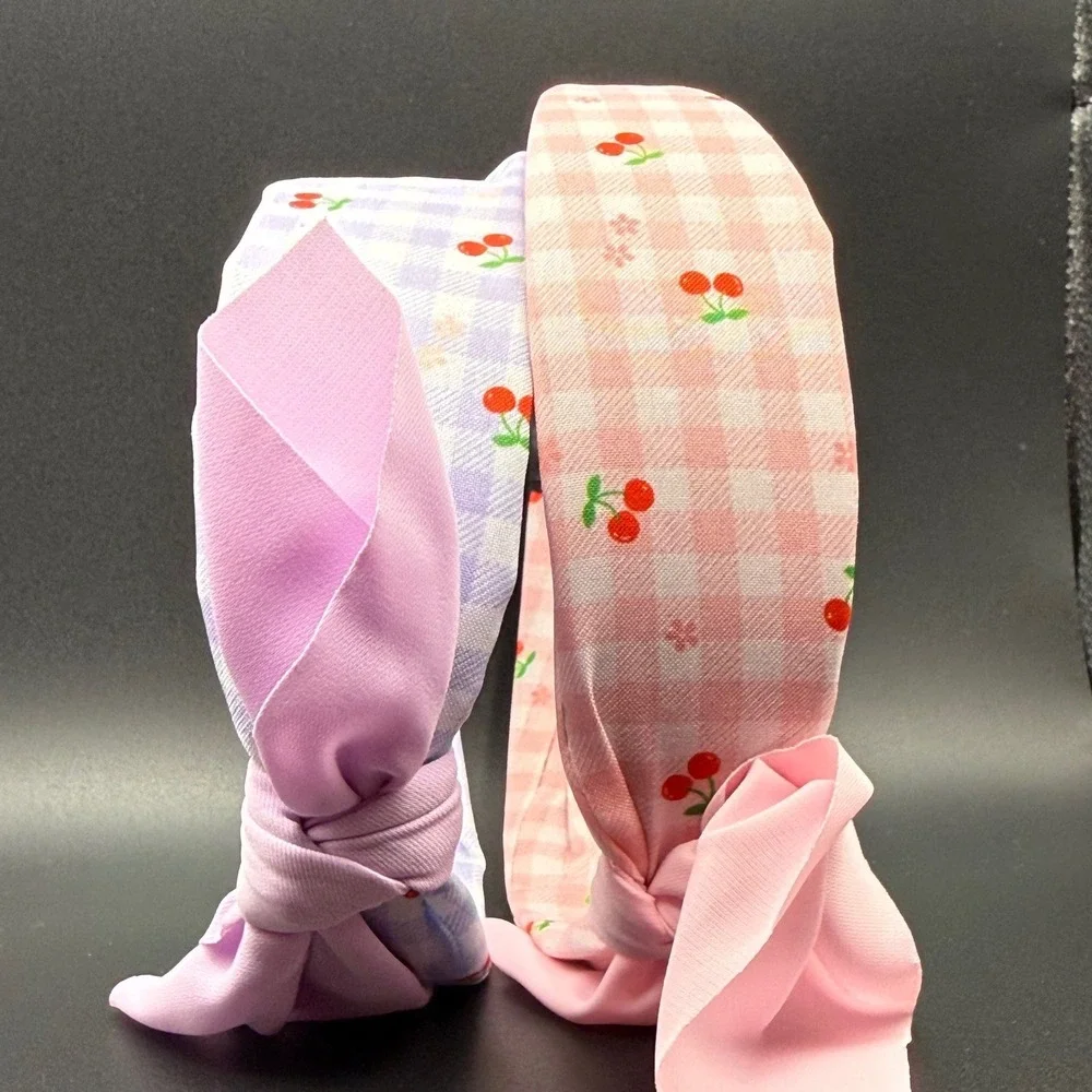 Cute Cherry Gingham‎ Headband Set Pink Purple Knot Bow Hair Accessory